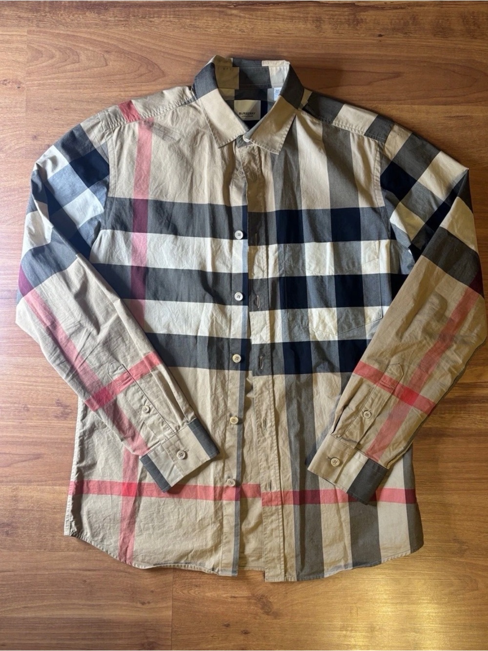 Burberry Beige Plaid Button-Down Shirt with Navy and Red Accents